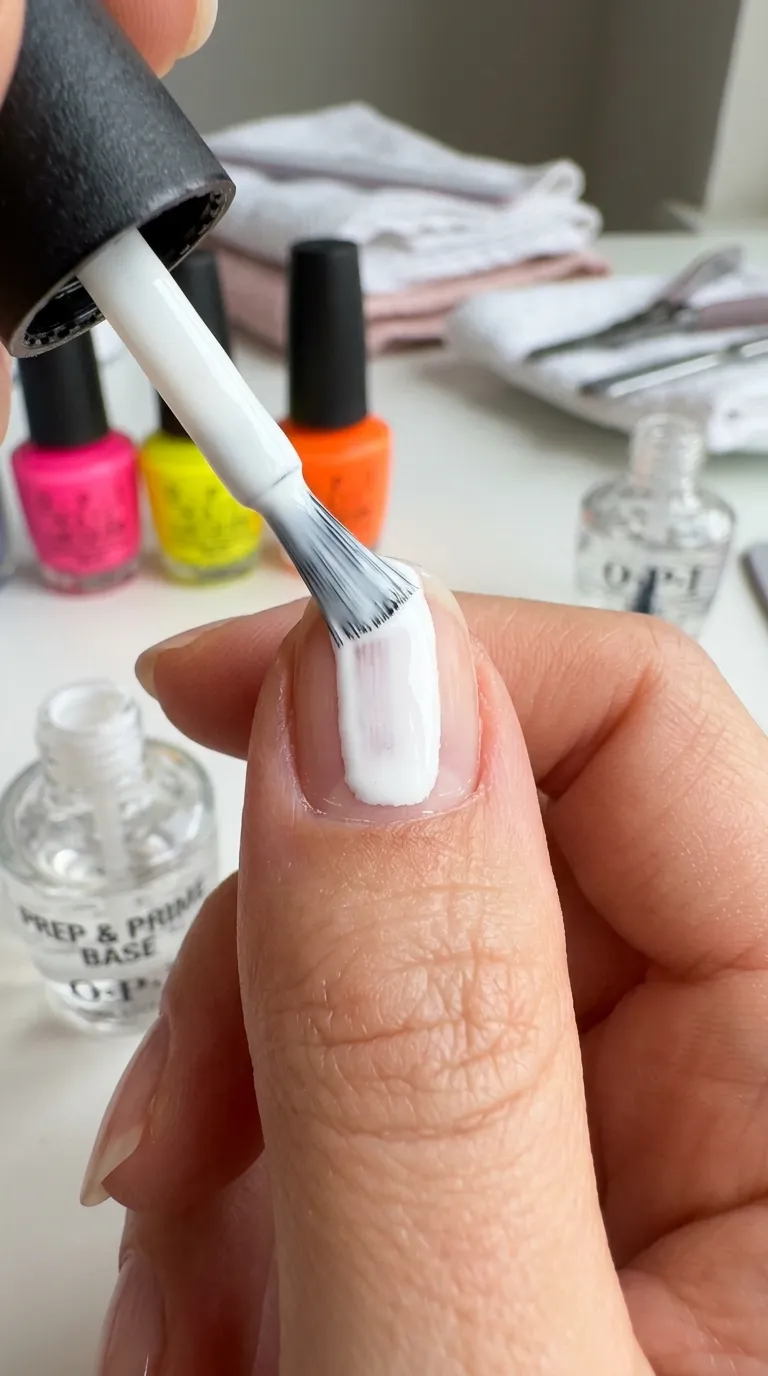Close up base coat brushed onto bare clean nail how to do ombre nails