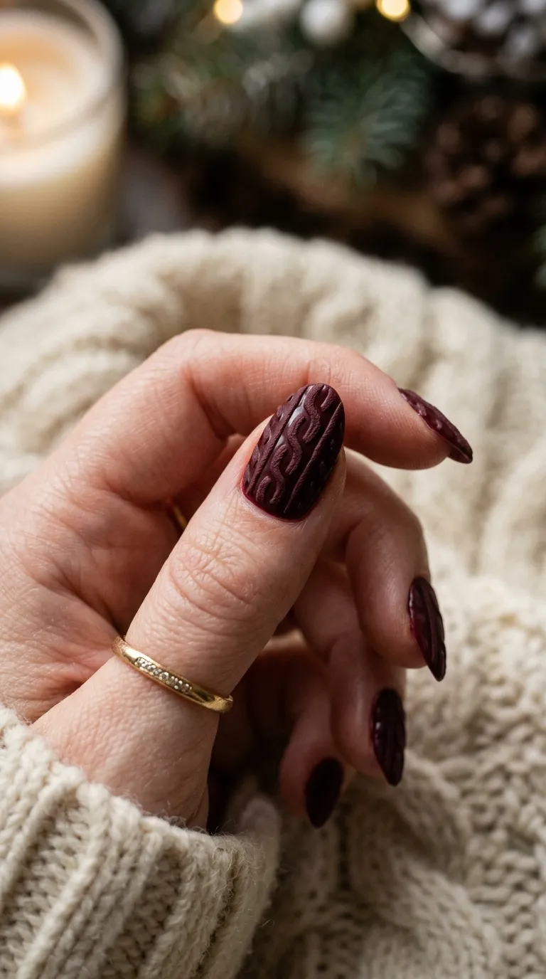 Burgundy 3D knit nail art