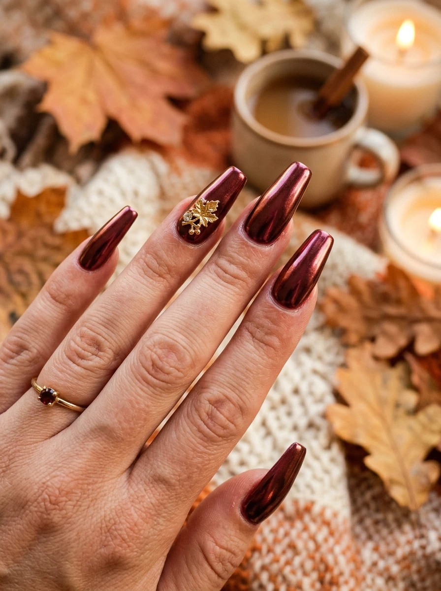 Long coffin nails styled for a seasonal or celebratory occasion