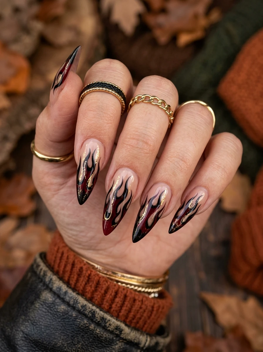 Almond nails with a pumpkin spice cat-eye magnetic finish