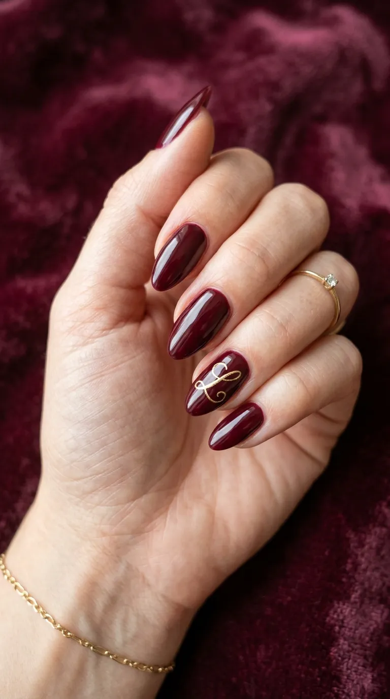 Burgundy nail art with gold