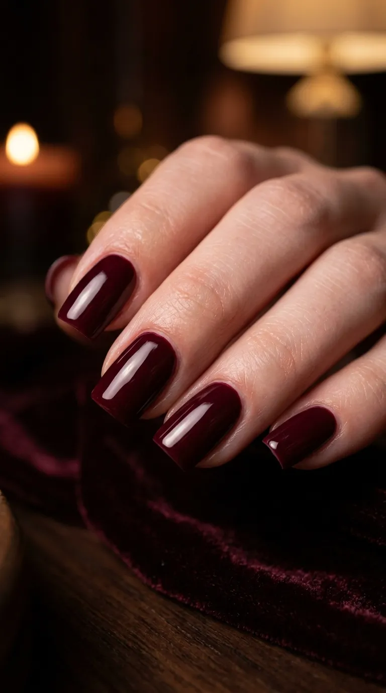 Deep burgundy vamp polish square shaped nails glossy warm 90s nail trends