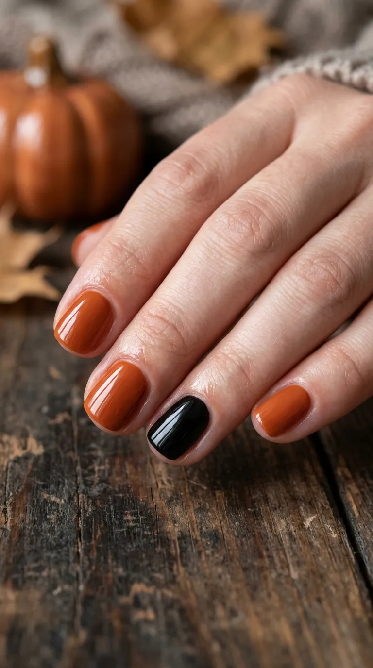 Simple Halloween Nails &ndash; solid burnt-orange nails with a black accent nail
