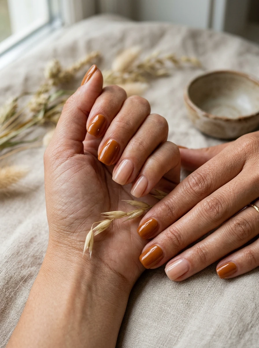 Short round nails with a subtle tone-on-tone marble vein