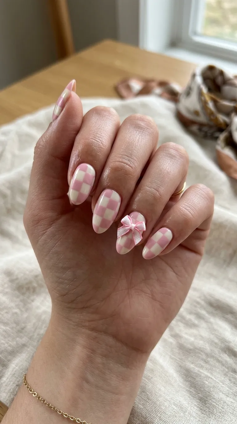Checkerboard nails with ribbon
