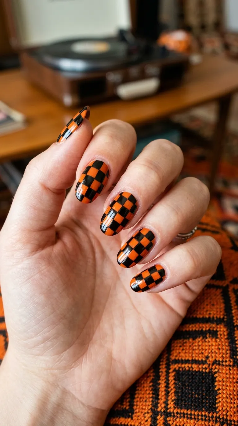 retro halloween nails with 60s checkerboard pattern in orange and black