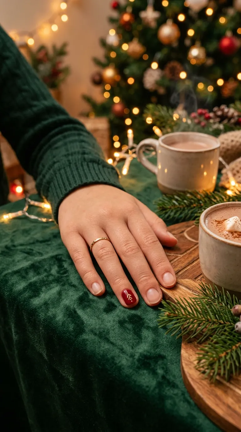 Older child hand sophisticated minimal red gold single accent nail christmas nails for kids