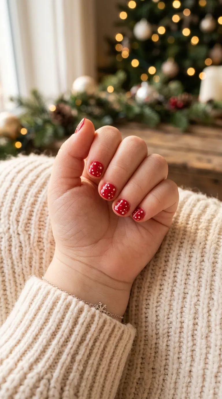 Close up young child hand red polish base white polka dot snowball christmas nails for kids