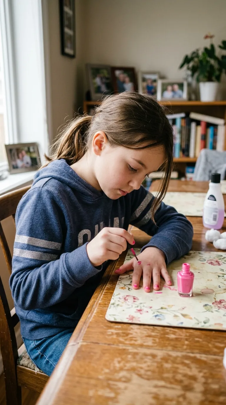 Older child independently painting own nails small brush focused nail designs for kids
