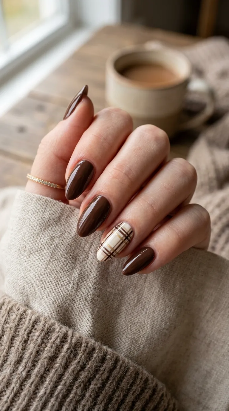 Chocolate brown nail art plaid