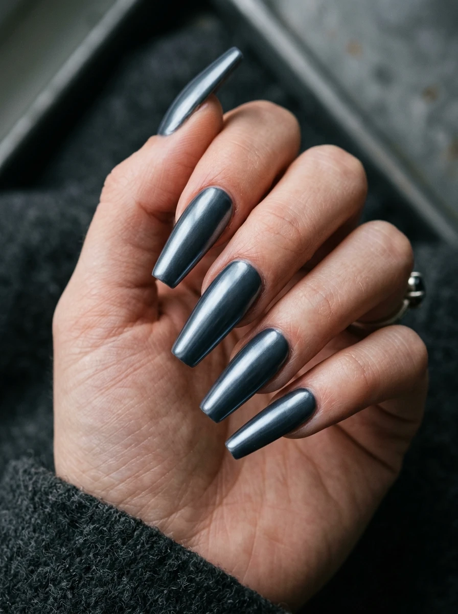 Nails with a storm-blue chrome finish