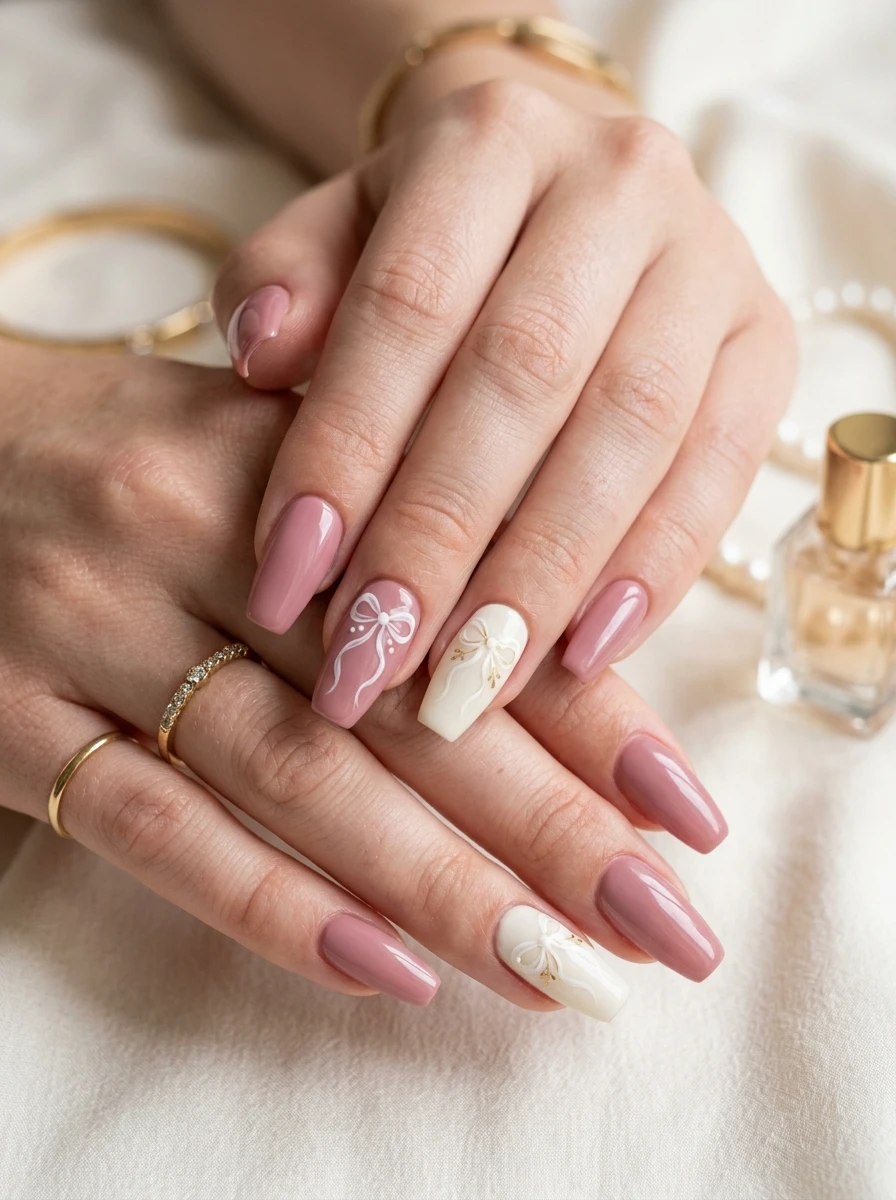 Soft burgundy coquette manicure