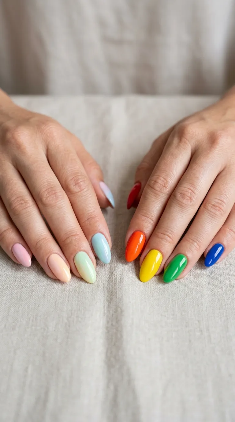 Comparison pastel rainbow set vs bold fully saturated rainbow set rainbow nail designs