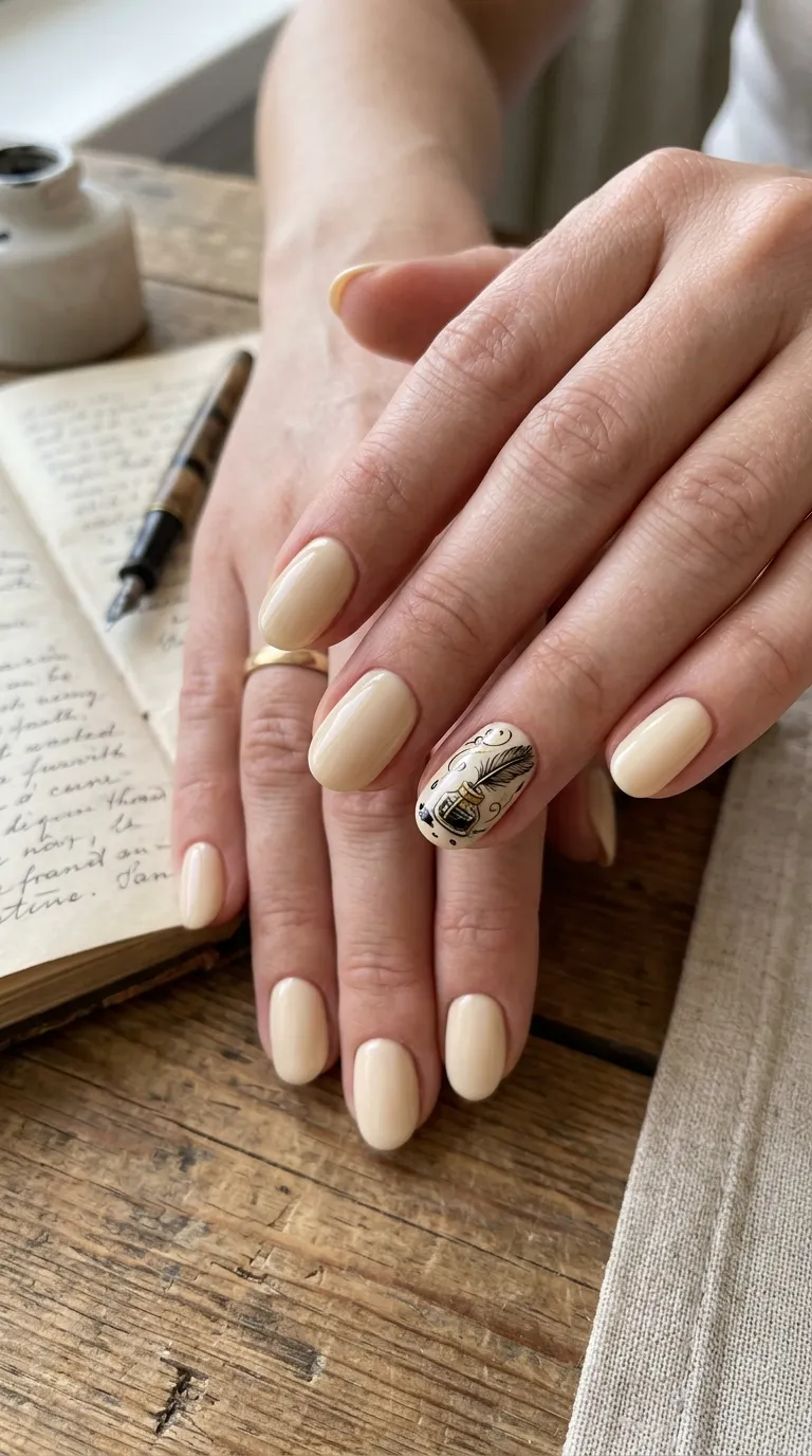 Dark academia nails: cream base with a hand-painted quill accent nail beside an open notebook