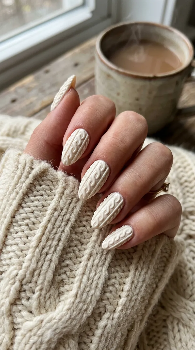 Sweater Weather Nails &ndash; cream cable-knit texture nail art