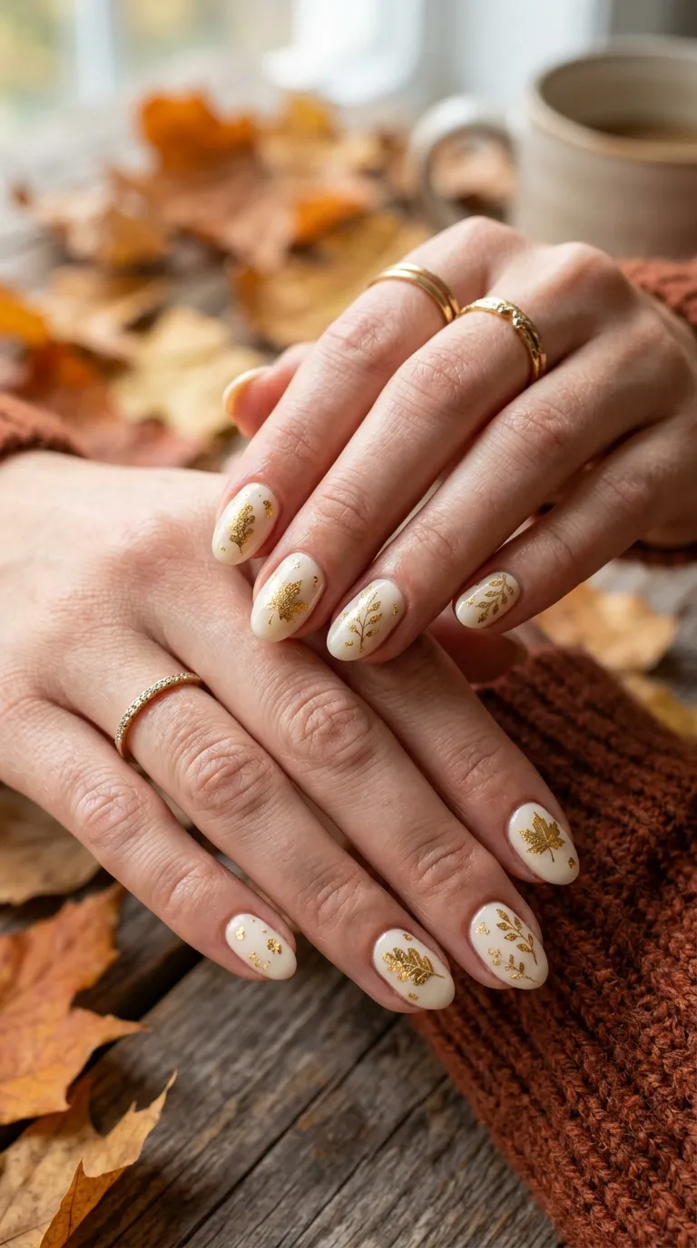 Cream nails with gold leaves