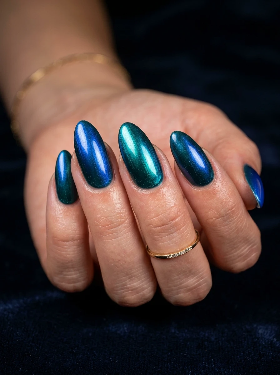 Nails with a deep teal-to-blue duochrome shifting finish