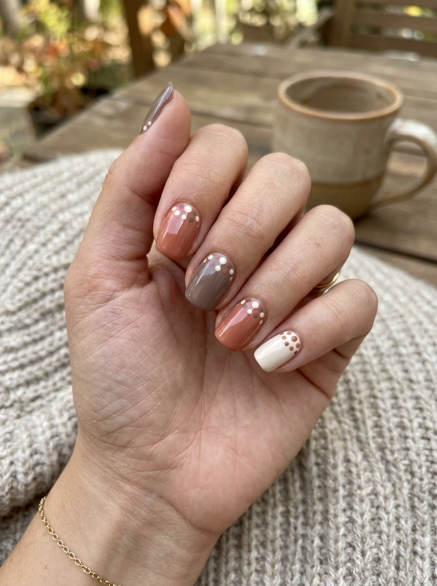 Short round nails with classic chocolate-brown polka dots on a neutral base