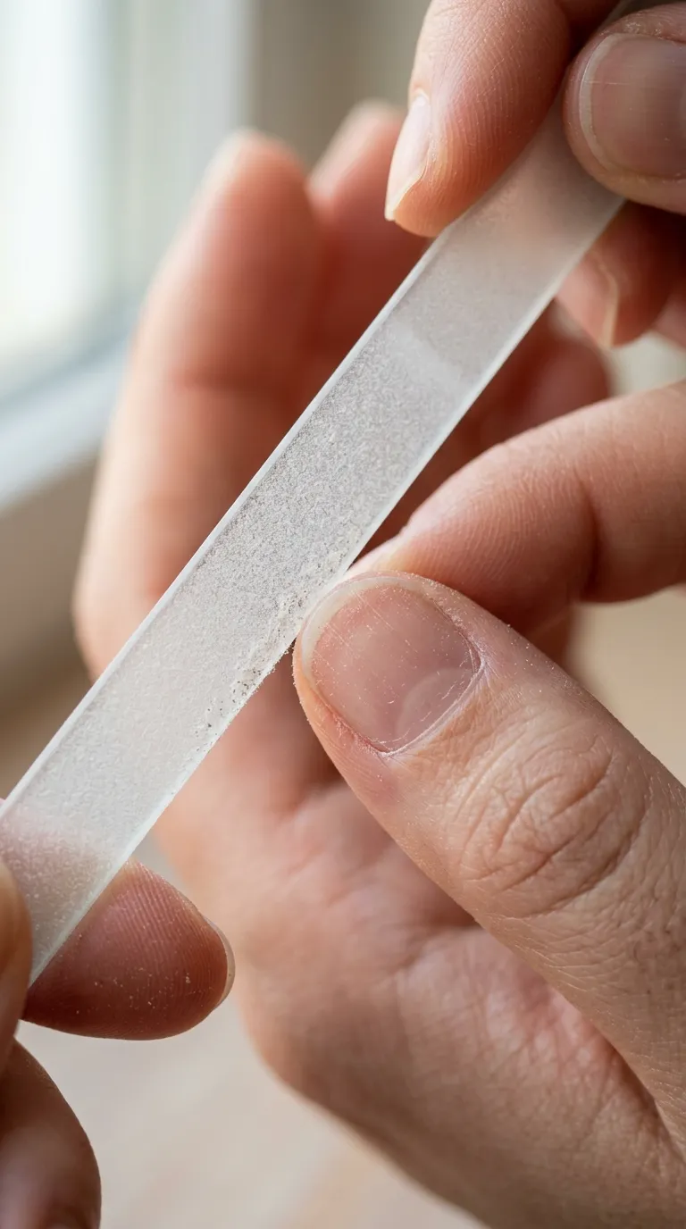 Close up glass nail file shaping short nail filing