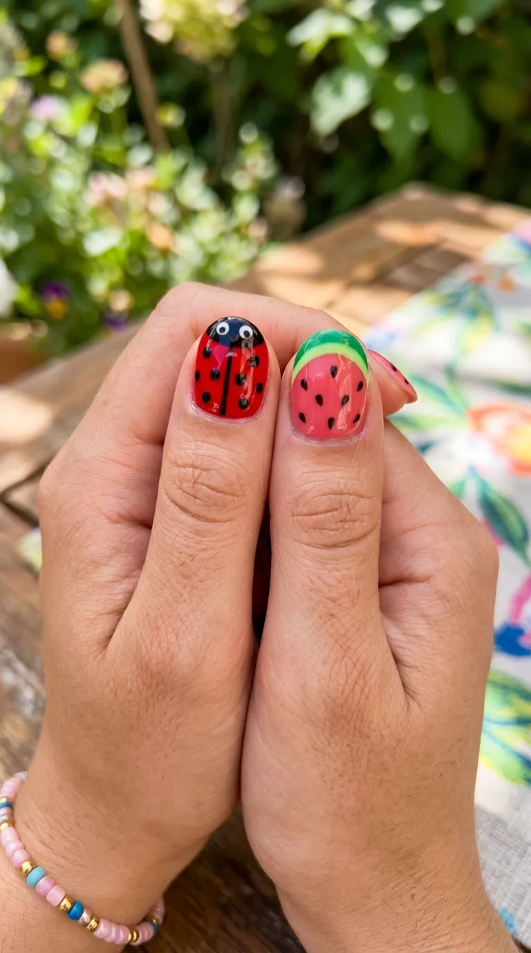 Red black ladybug design pink green watermelon slice two fingers nail designs for kids