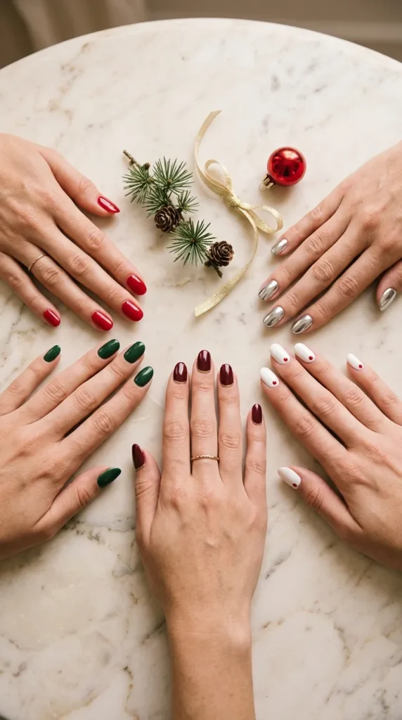 Christmas nail designs 2026 — five festive manicure looks in one flat-lay: red, green, burgundy, chrome, and minimalist