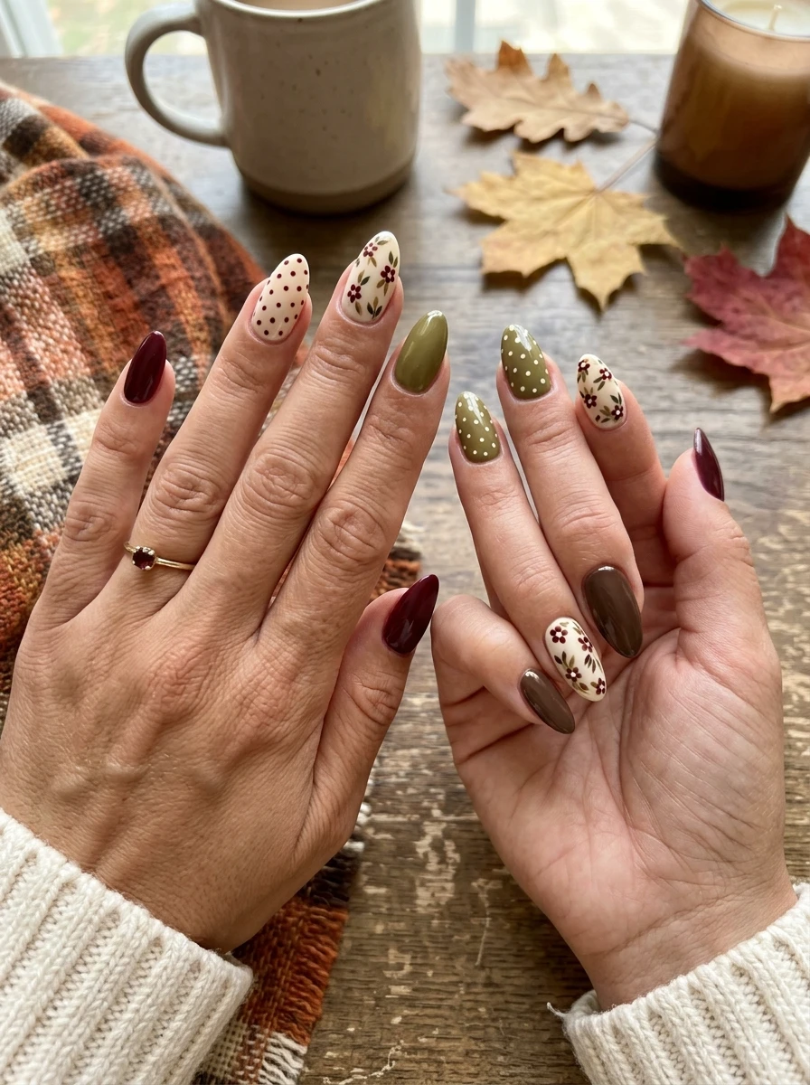 Nails with a dot-and-leaf accent pairing