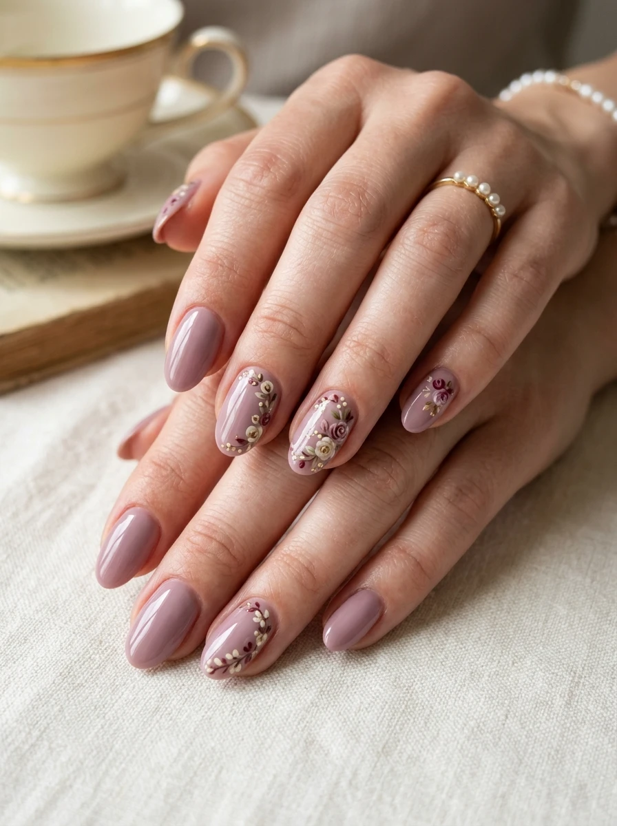 Nails in warm rosewood with a lace-print accent