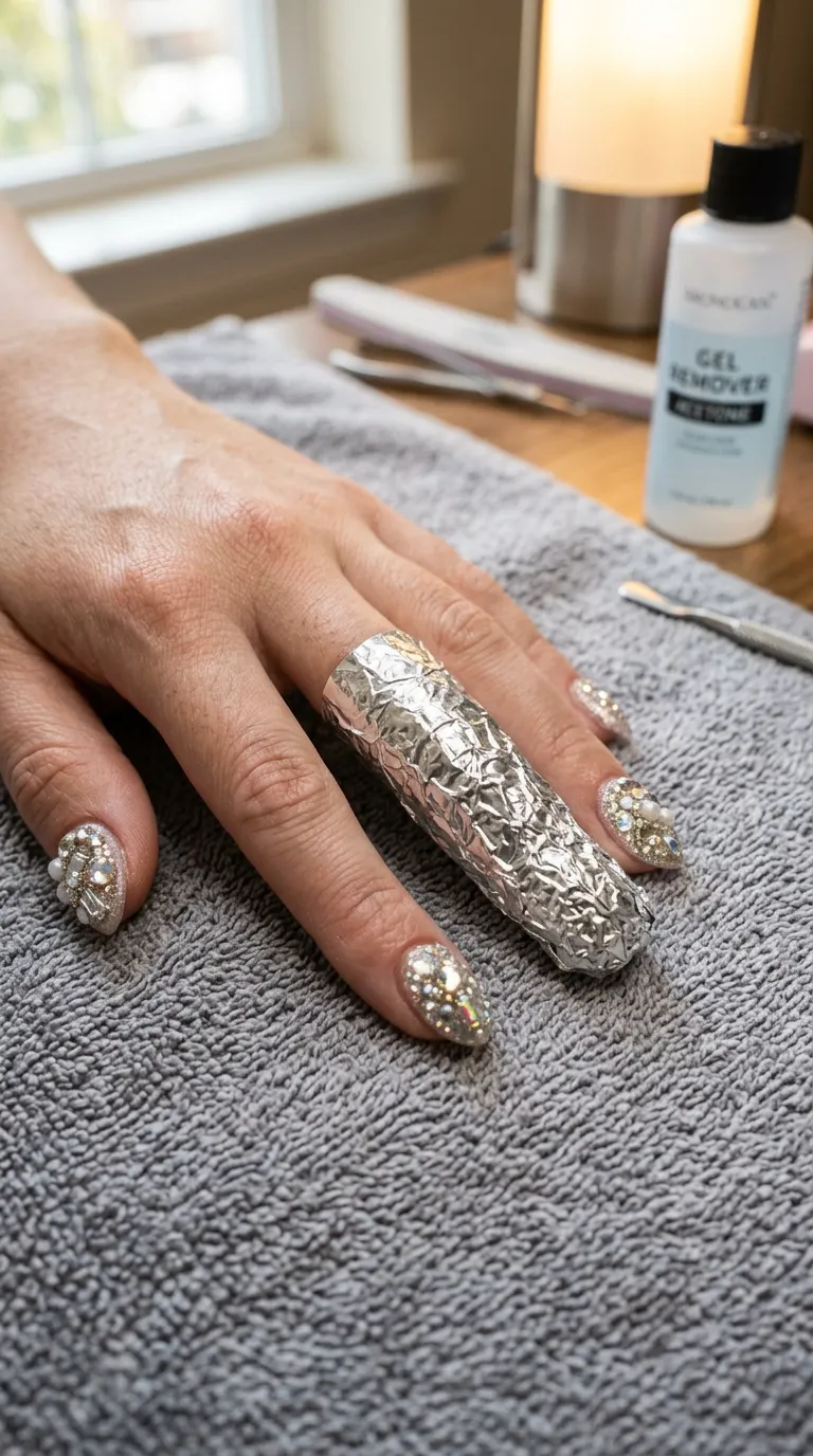 Close up foil wrap soak off removal rhinestone embellished nail towel bling nail designs