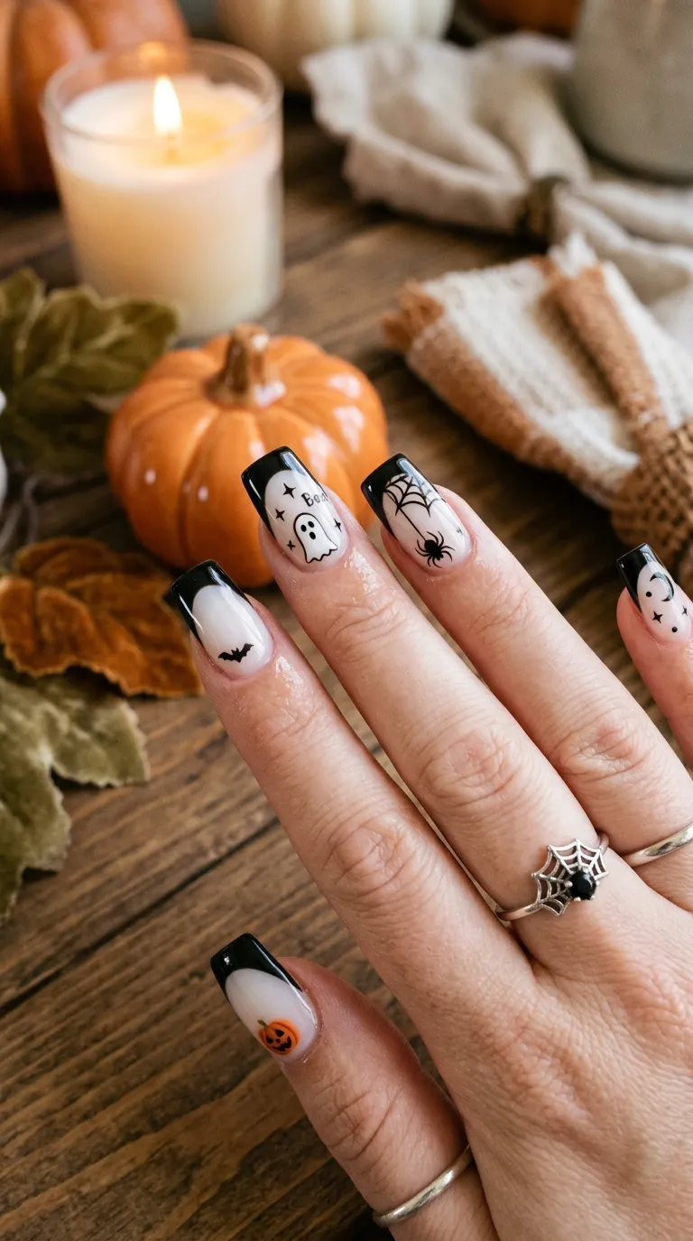 retro halloween nails with 90s style french tip, black tips on milky white base