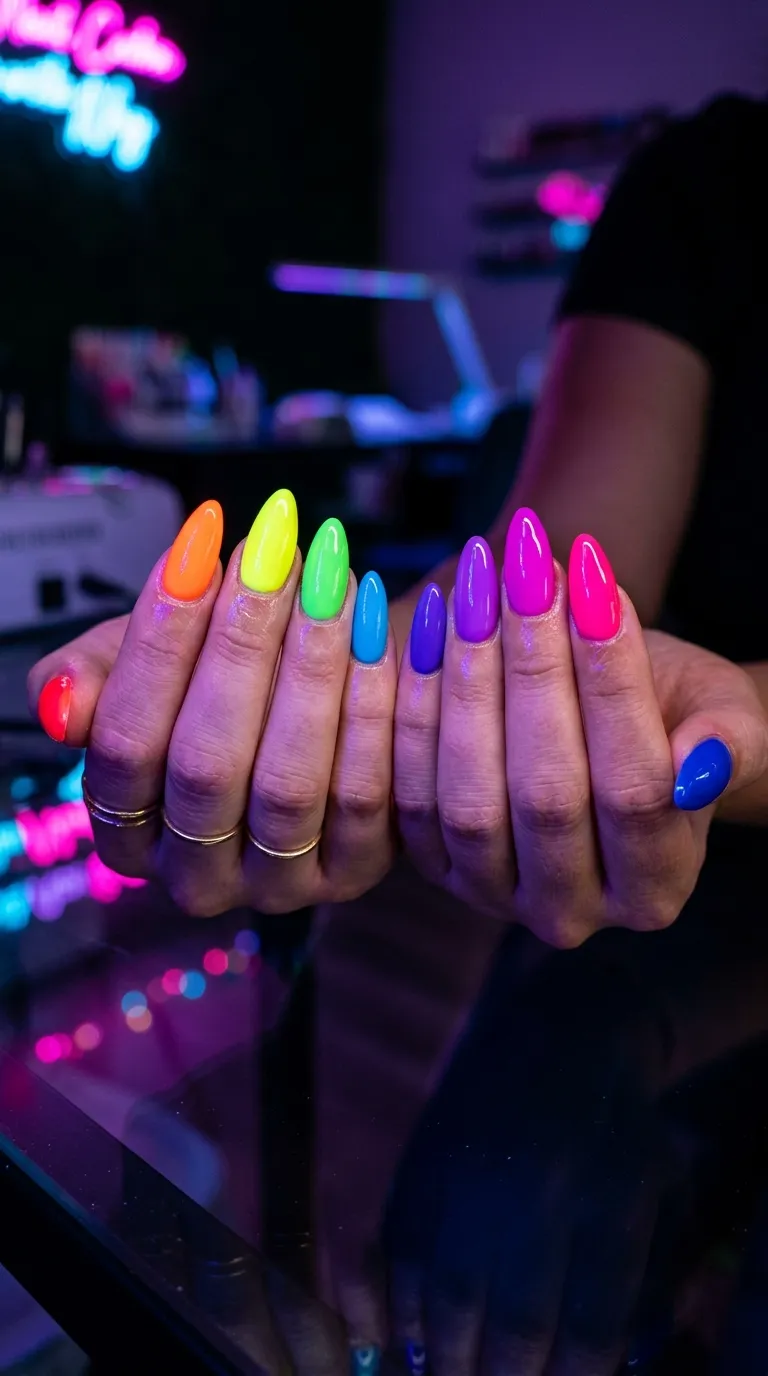 Full nail set combining rainbow spectrum order fluorescent neon intensity colors vibrant rainbow nail designs