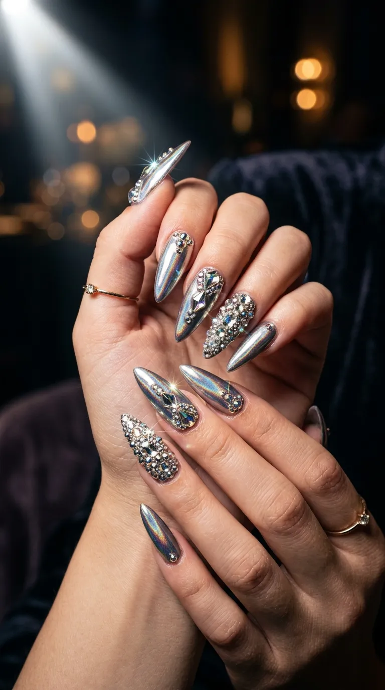 Hero glamorous nails rhinestone accents chrome finish dramatic bling nail designs