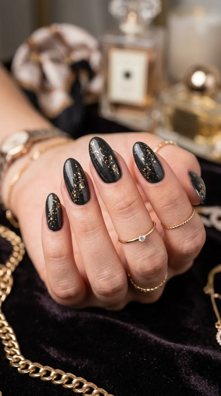 Gold-leaf flecks nail art