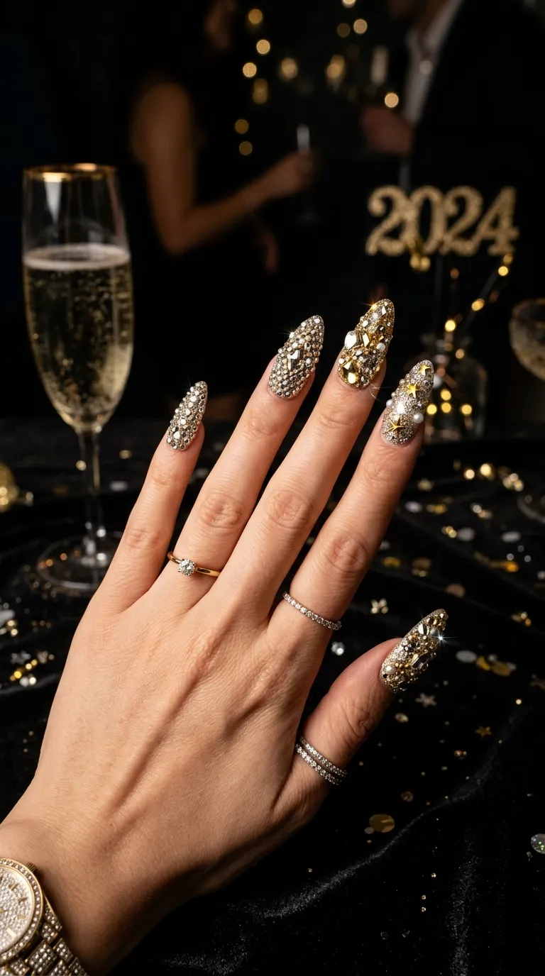 Gold silver rhinestone heavy nail set new years eve dramatic low key bling nail designs
