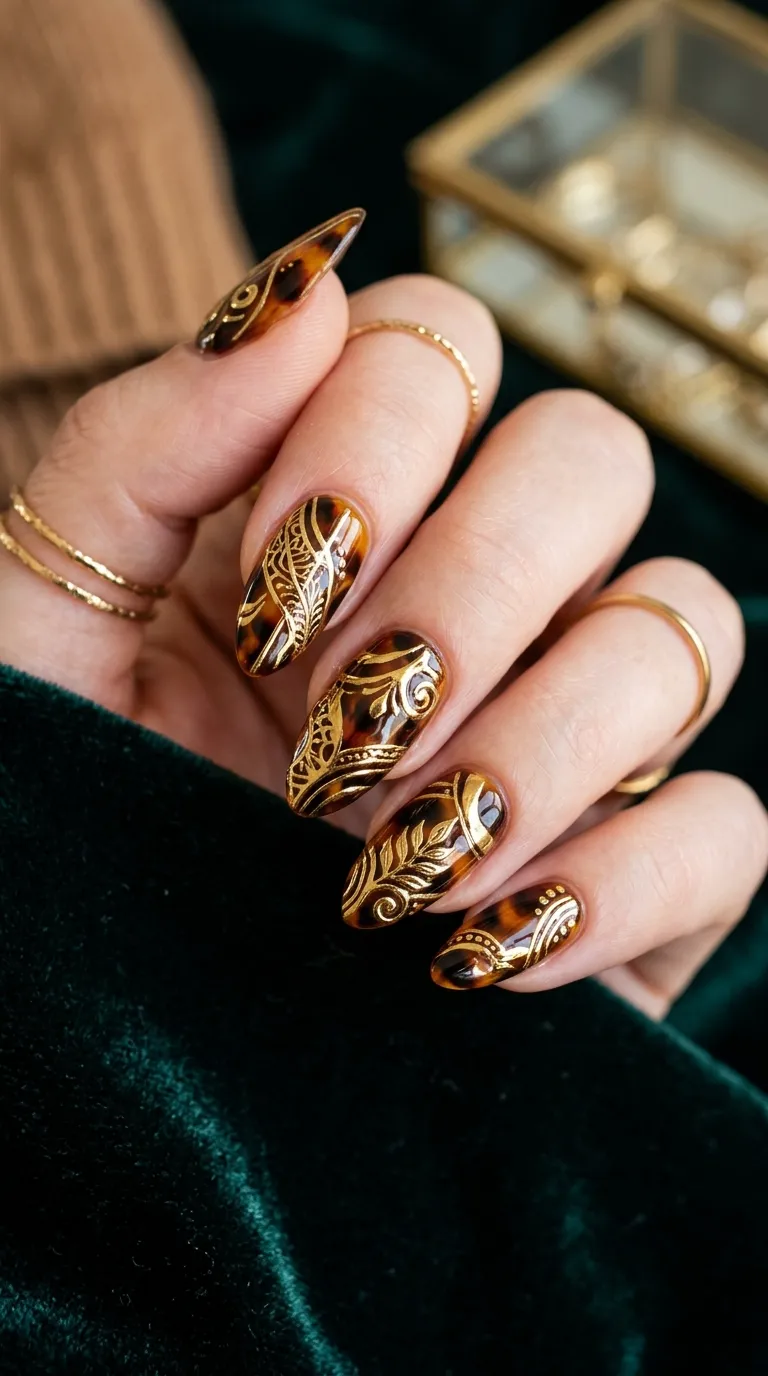 Gold chrome tortoiseshell nail art