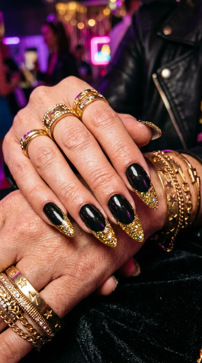 retro halloween nails with gold glitter tips over black base, 80s glam look