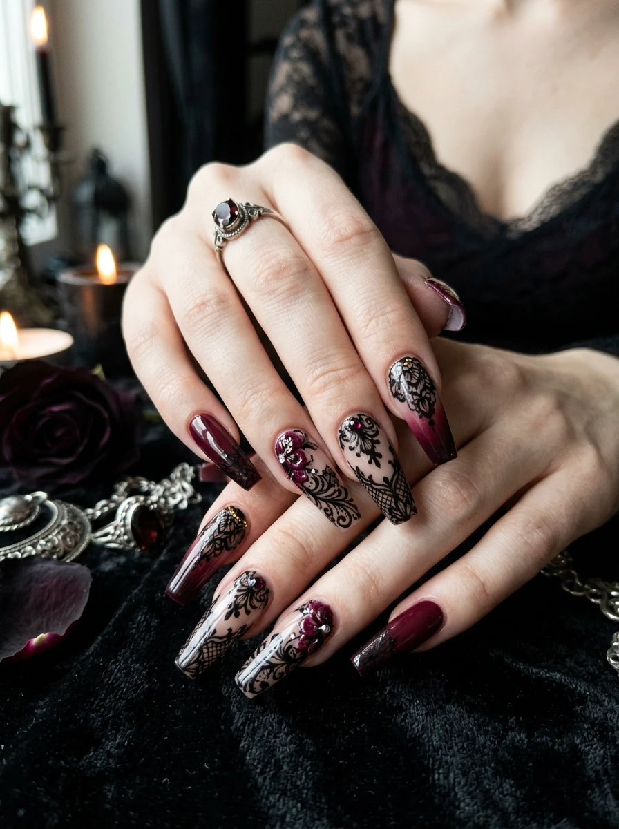 Nails in red chrome with a black spiderweb accent nail