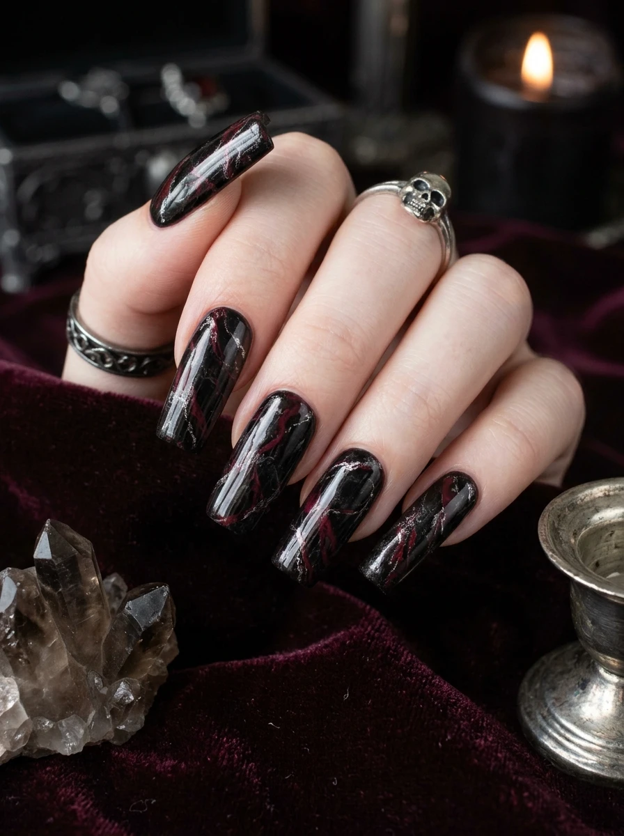 Nails with a red and black marble swirl design