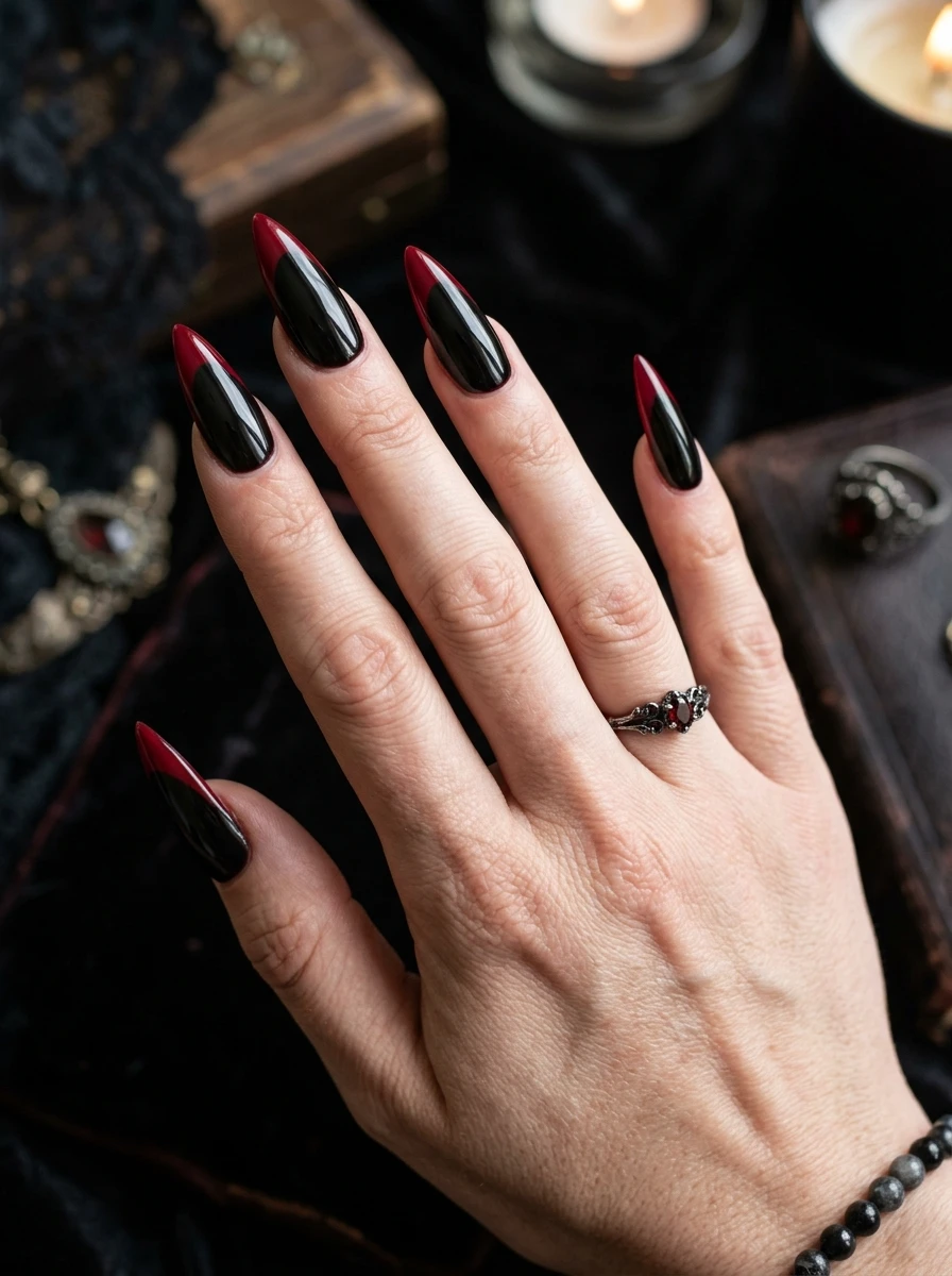 Hero shot of nails in blood red with a black French tip