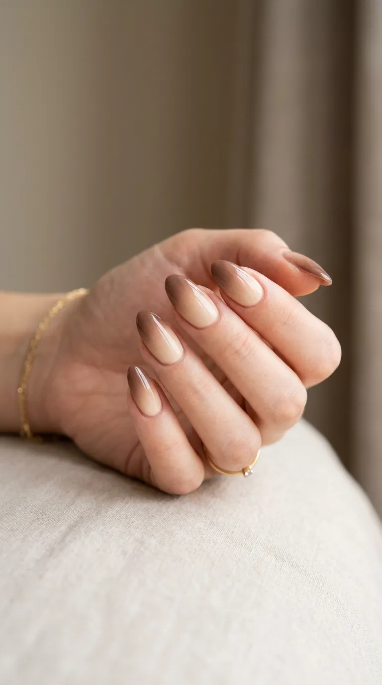 Mocha mousse nails in a cream-to-mocha gradient, lighter at the cuticle