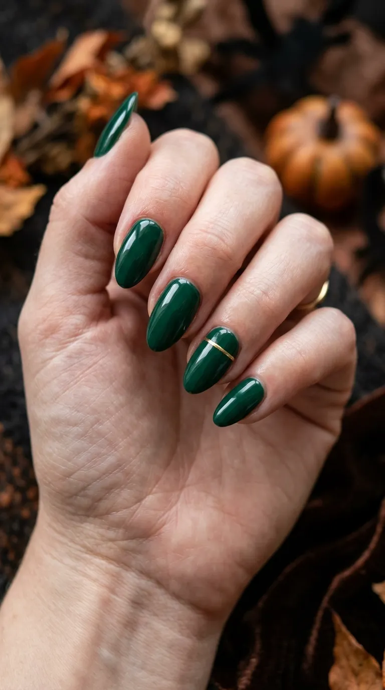 Simple Halloween Nails &ndash; solid deep green nails with a thin gold line accent