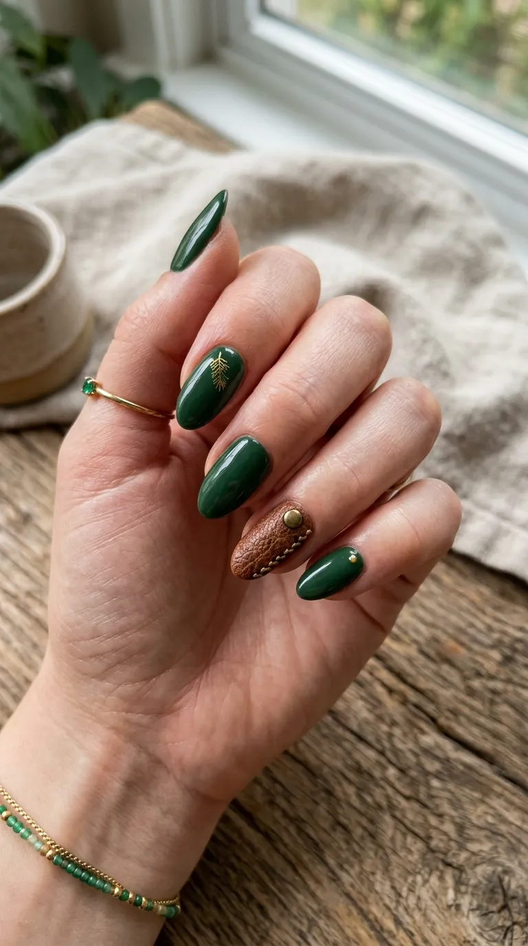 Dark academia nails in forest green with a brown woven leather-texture accent nail