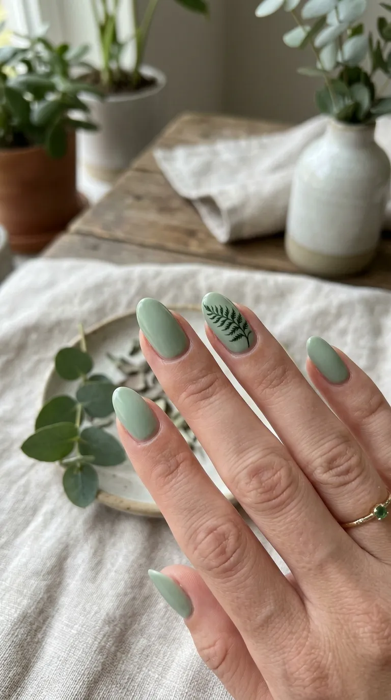 Green nail polish with fern