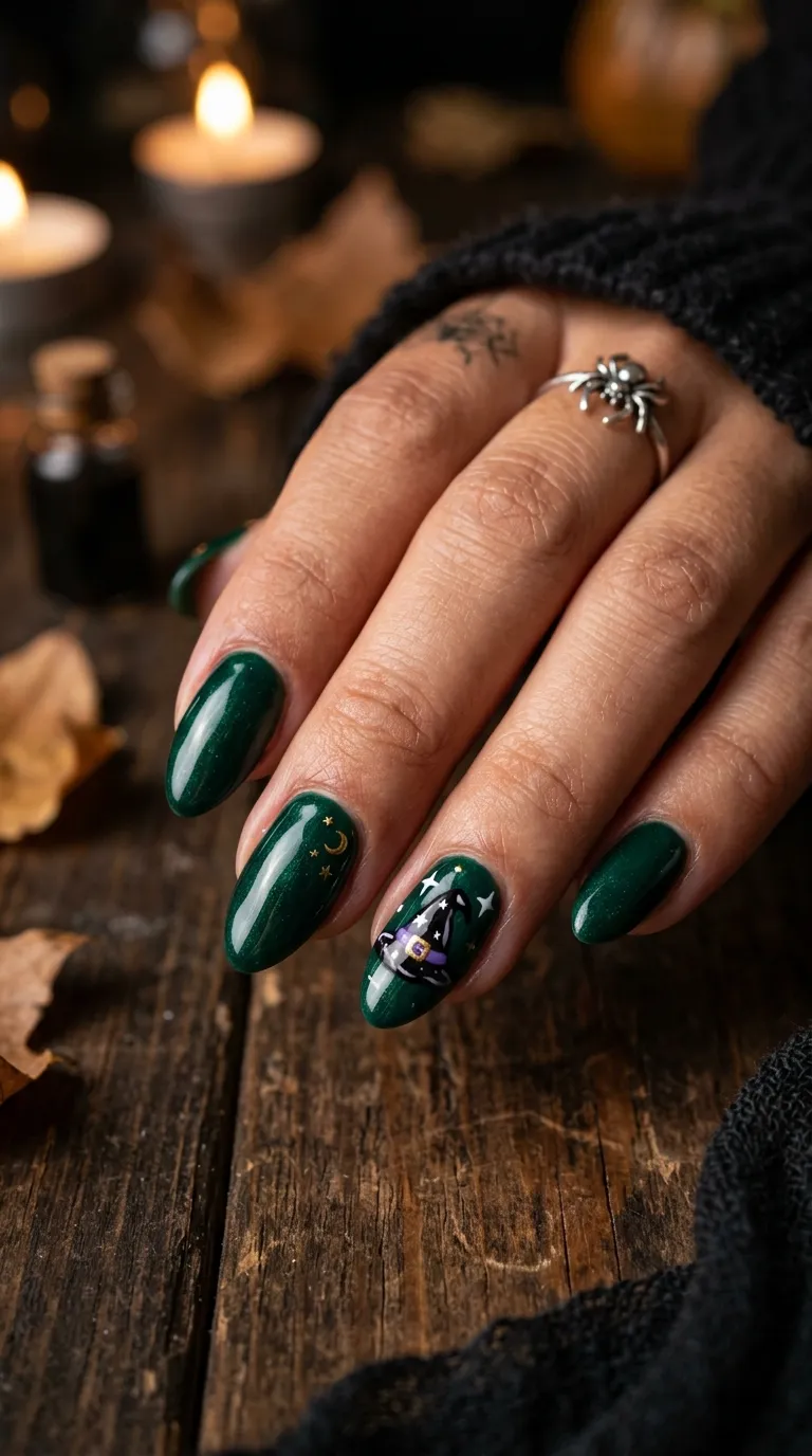 spooky nails with deep green base and small painted witch hat accent