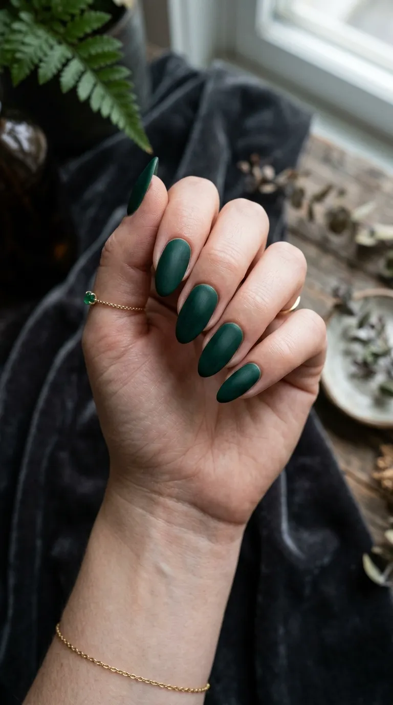 Green velvet matte manicure on