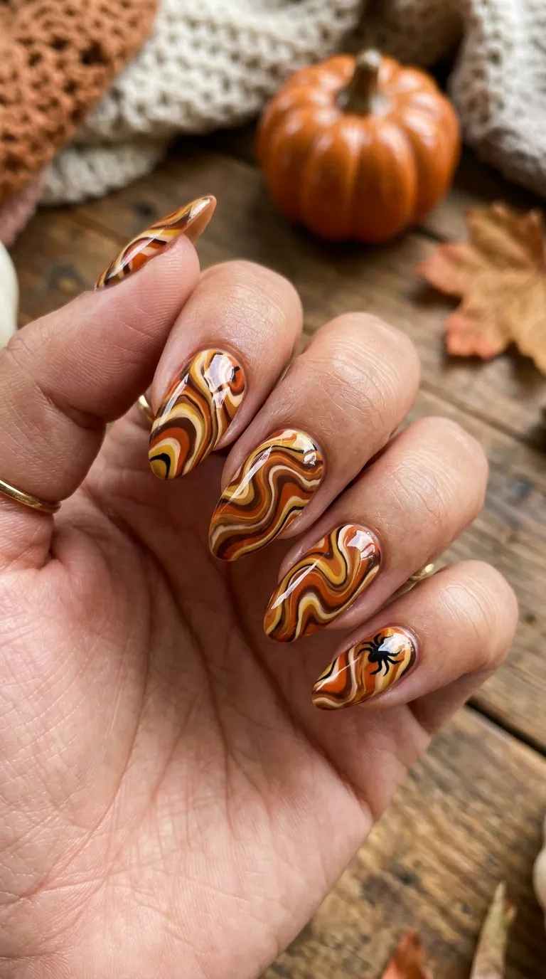retro halloween nails with 70s groovy swirl in burnt orange and brown marbled pattern