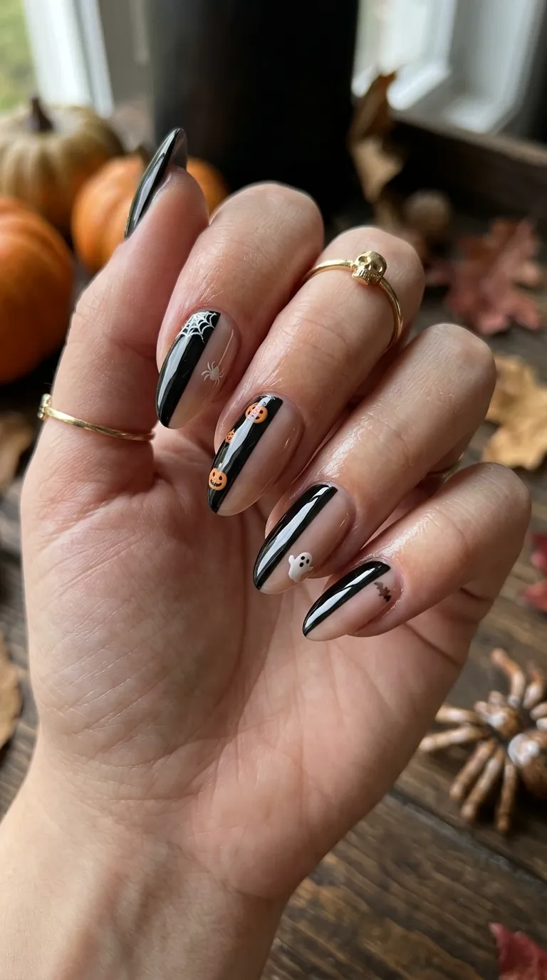 Simple Halloween Nails &ndash; half black half nude vertical split nail design