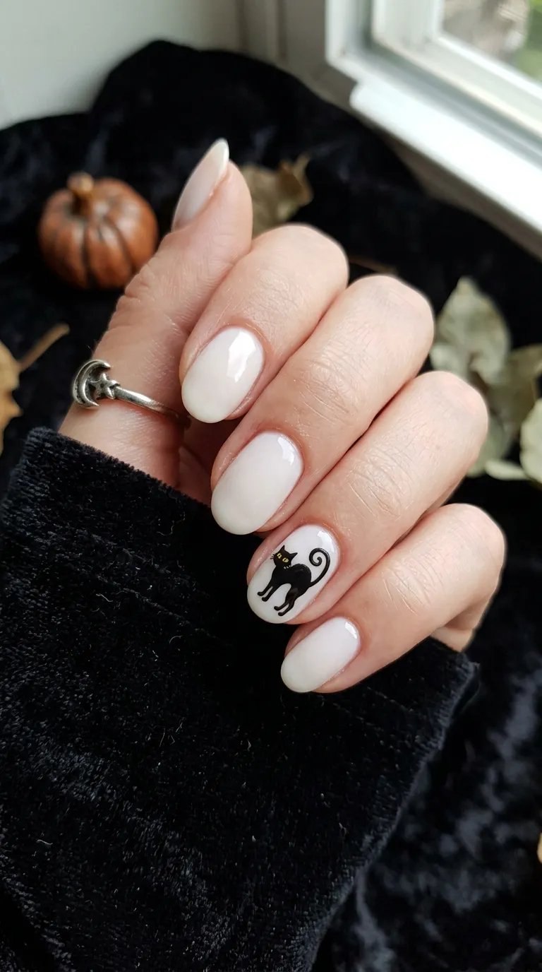 retro halloween nails with milky white base and retro black cat silhouette stamp accent