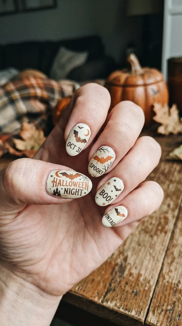 retro halloween nails in vintage horror poster style, faded cream and orange with black bat silhouette
