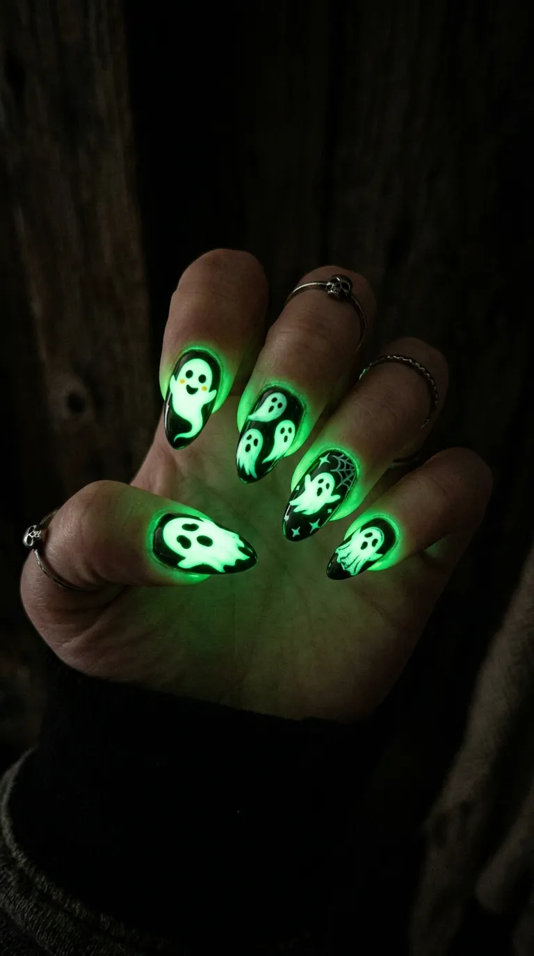 spooky nails glowing green in the dark with ghost design visible