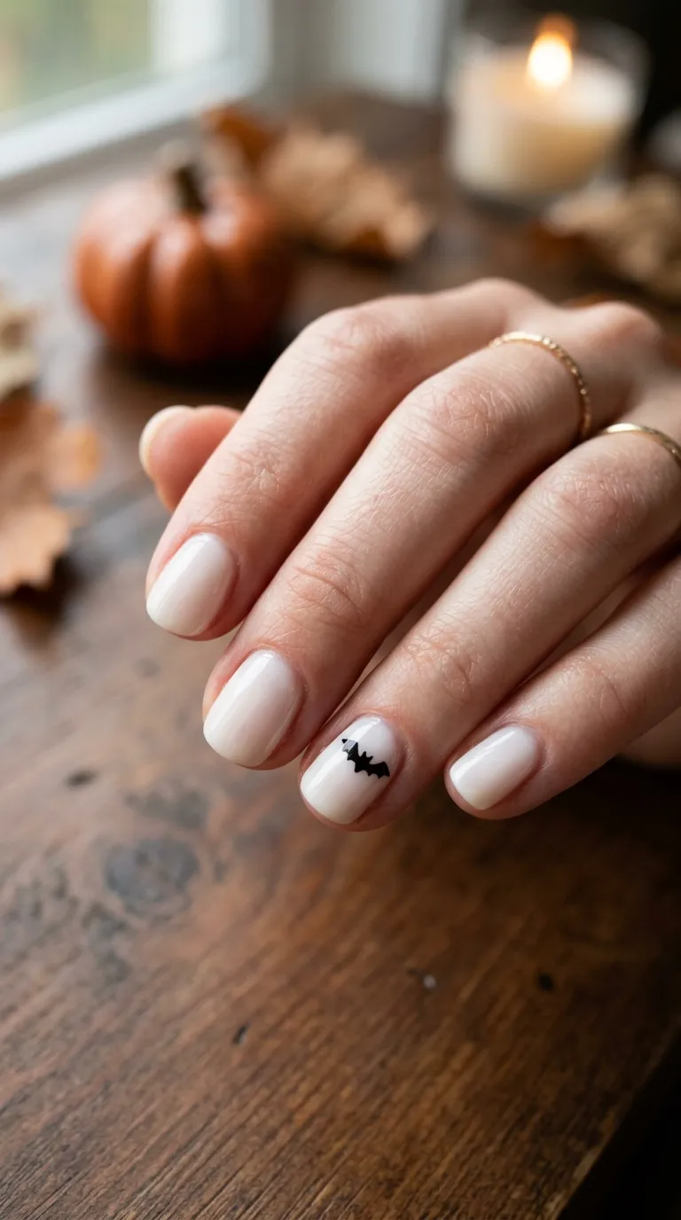 short halloween nails with milky white base and tiny black bat accent